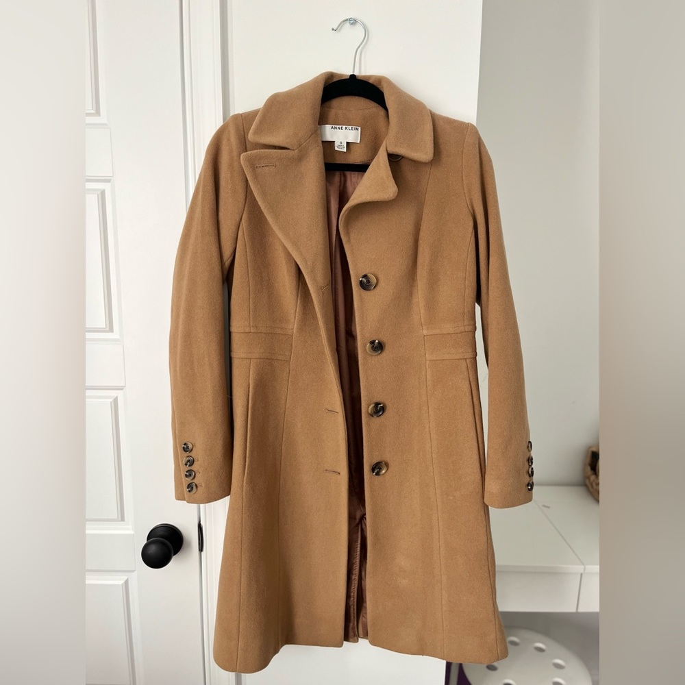 Anne Klein Single-Breasted Wool Blend Maxi Coat